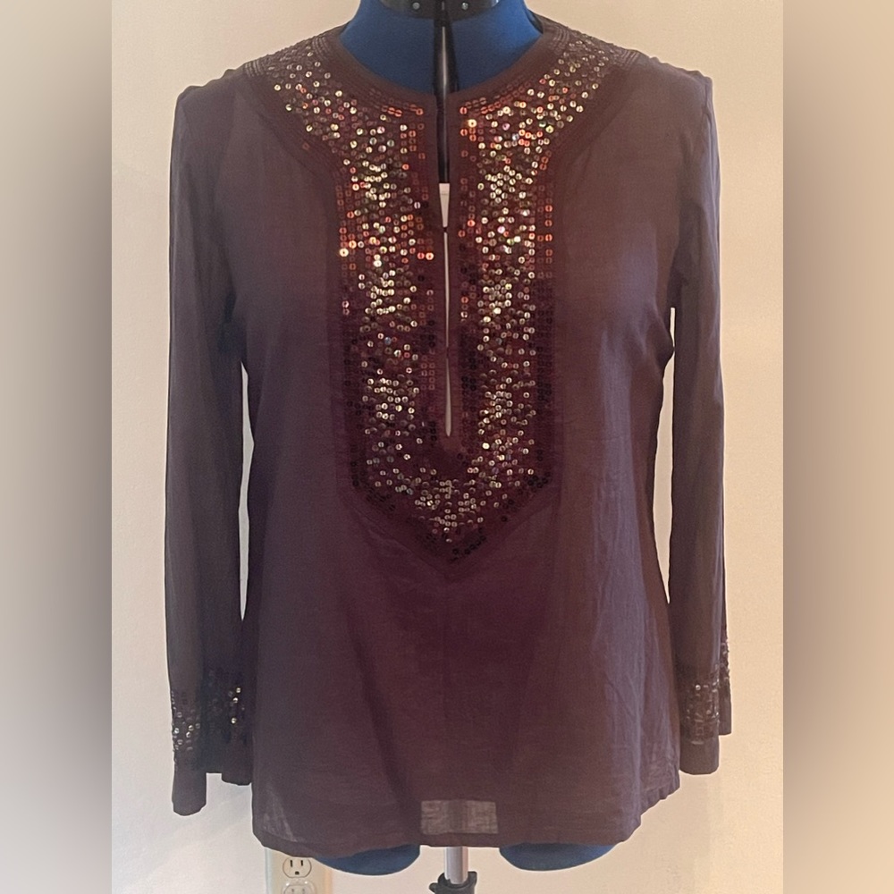 Cotton Dark Brown Poncho w/ Copper and Gold Sequin Neck and Sleeve Cuffs: Sz 1
